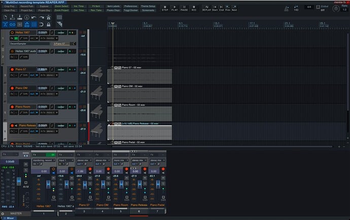 Reaper recording template, showing audio recorded, ready for mixing.