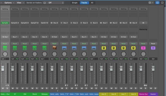 Logic Sampler loaded as multi-output instrument, separate microphone groups routed to individual audio tracks